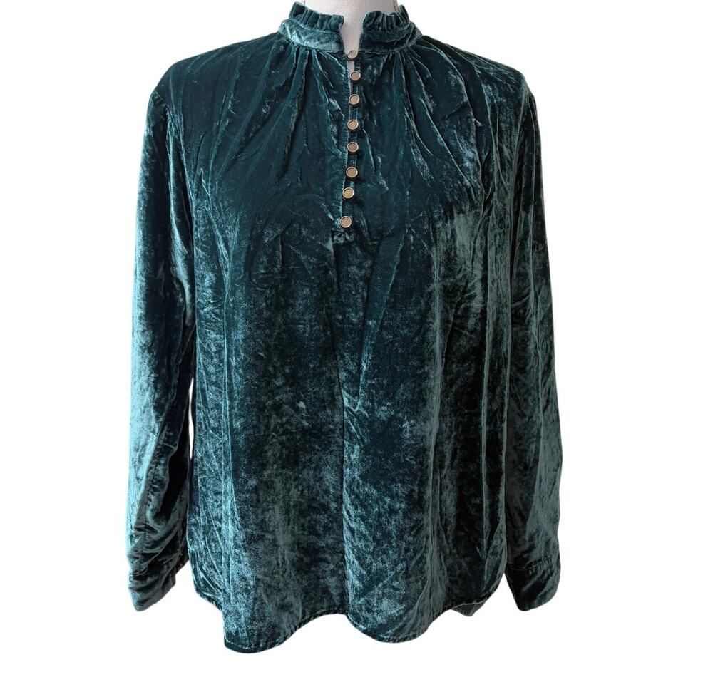 Anthropologie Jewel Tone Green Blue Velour Button Up Top Medium